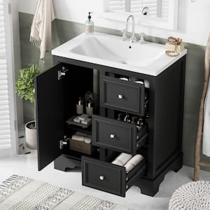 30 in. W Single Sink Freestanding Bath Vanity in Black with White Ceramic Top