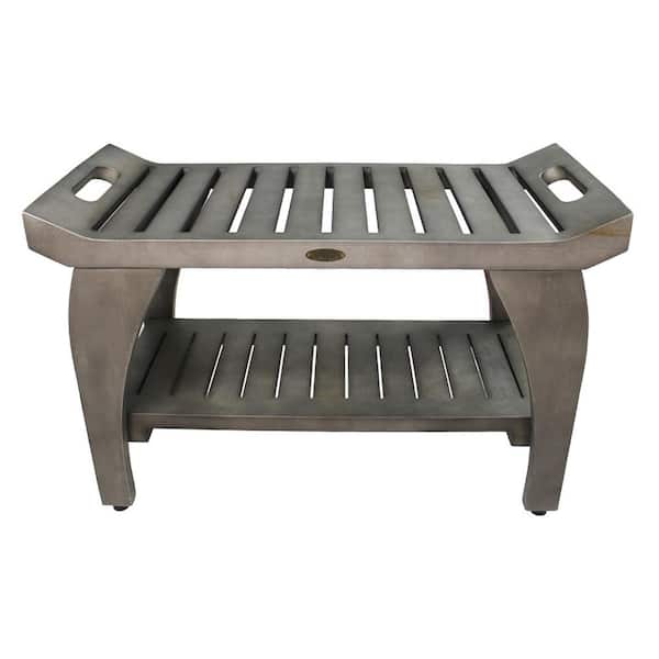 Coastal Vogue Tranquility 30 in. Teak Wood Shower Bench with Shelf and LiftAide Arms in Antique Gray Finish