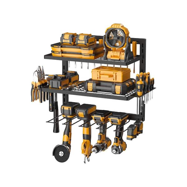 3-Layer Power Tool Organizer 8. 94 in. Black Metal Adjustable Shelves Wall Rack with Drill Holders Pegboard Storage
