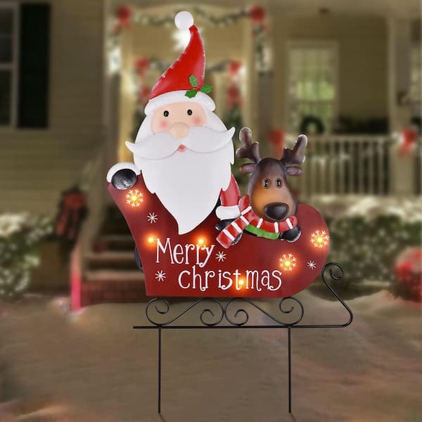 OGETFUUR 17.7 x 28.34 in. Santa Claus and Reindeer Metal Solar