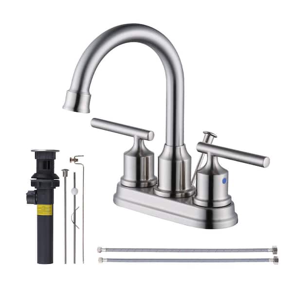 IVIGA 4 in. Centerset Double Handle High Arc Bathroom Faucet with Drain Kit and Supply Lines Included in Brushed Nickel