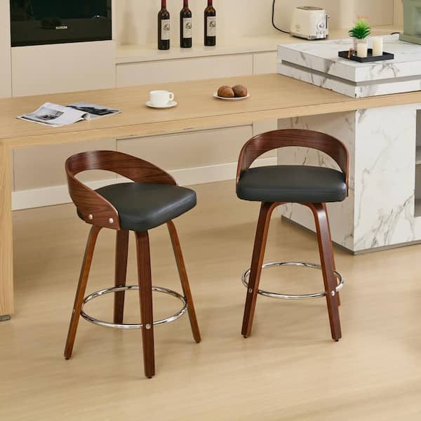 Zephyren 25 in. Seat Height Black + Walnut Upholstered PU Leather Solid Wood Counter Stools with Footrest, Set of 2