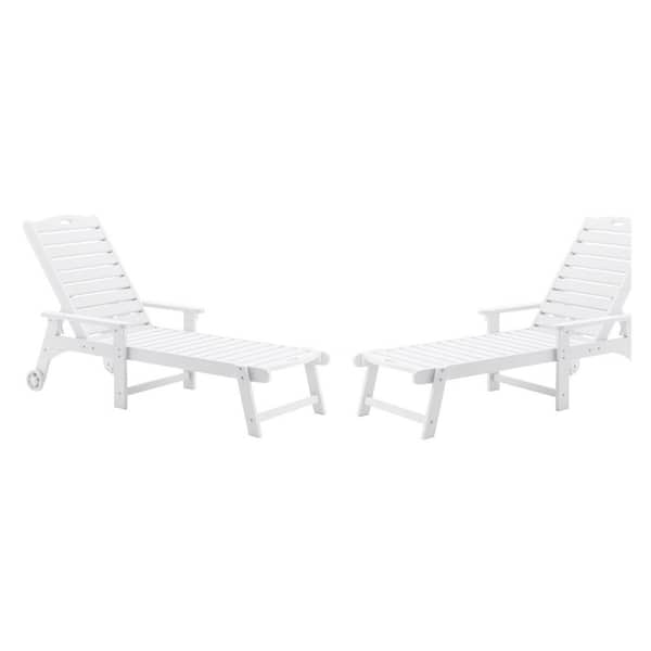 LUE BONA Oversized Plastic Outdoor Chaise Lounge Chair with Wheels and Adjustable Backrest for Poolside Patio(set of 2)-White