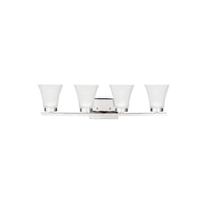 Bayfield 27.5 in. 4-Light Chrome Contemporary Wall Bathroom Vanity Light with Satin Etched Glass Shades and LED Bulbs