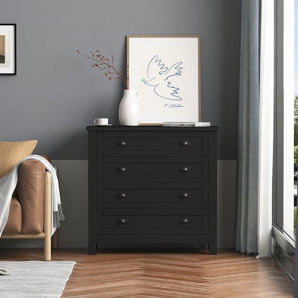 Unbranded 37.8 in. W x 17.7 in. D x 36 in. H Black Wood Linen Cabinet with 4 Drawers and Shell-Shaped Handles