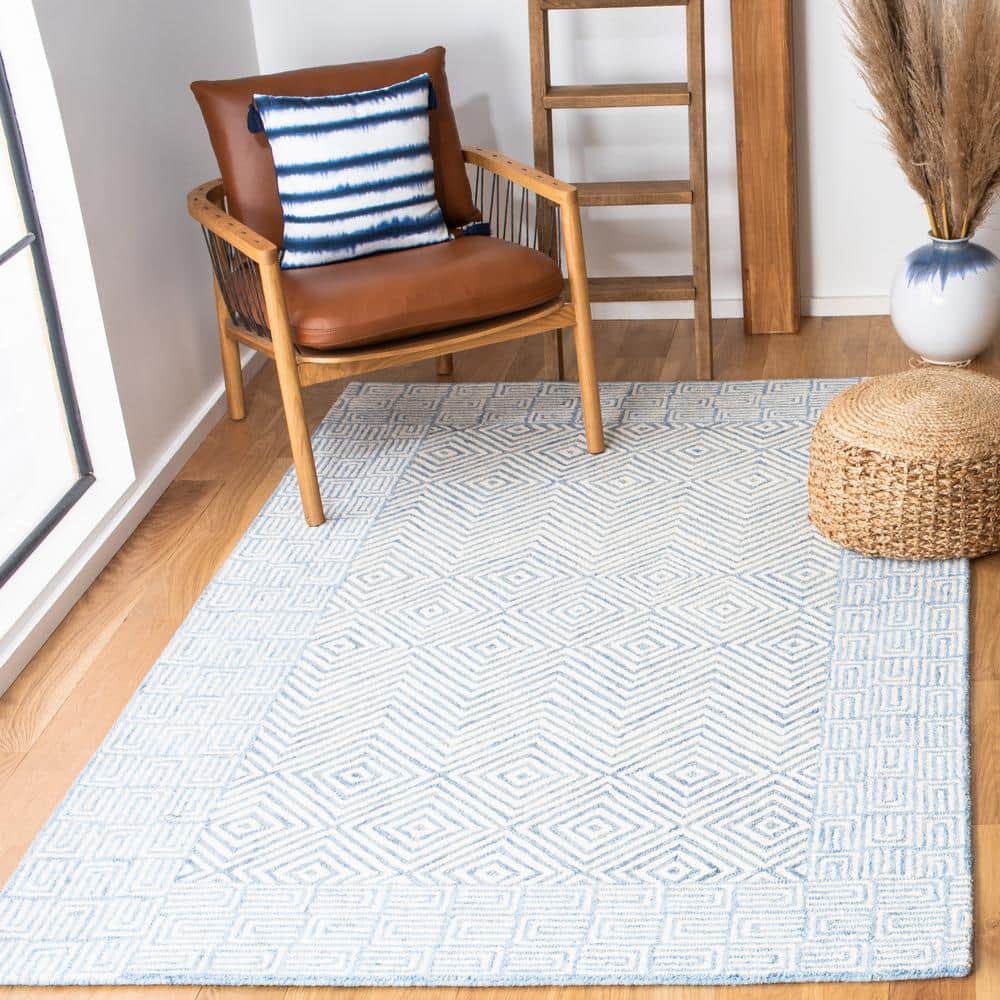 Light Blue and Ivory Hand-Tufted Wool Geometric 6' x 9' Area Rug