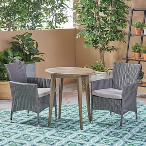 Bruna Gray 3-Piece Wood and Plastic Outdoor Bistro Set with Silver Cushions