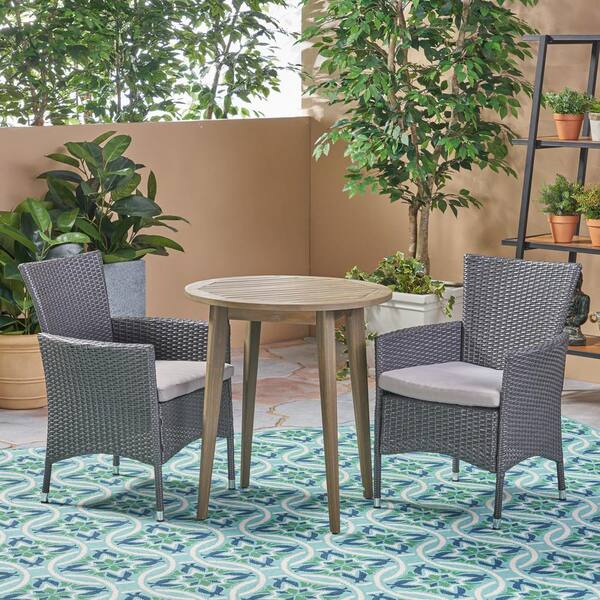 Noble House Bruna Gray 3-Piece Wood and Plastic Outdoor Bistro Set with Silver Cushions