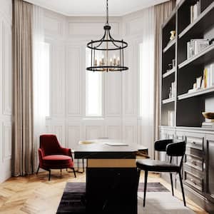 Modern Farmhouse 6-Light Black Chandelier Drum Island Ceiling Light with Brass Candlestick Lamp Holders for Dining Table
