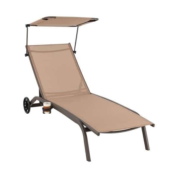 Gtnali Metal Outdoor Chaise Lounge Chair with Adjustable Sunshade, Adjustable Backrest and Cup Holder in Brown