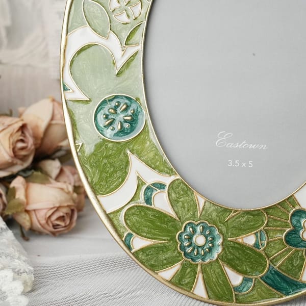 HOMZENE Flower 3.5 x 5 Matted Green White Enamel Picture Frame THD