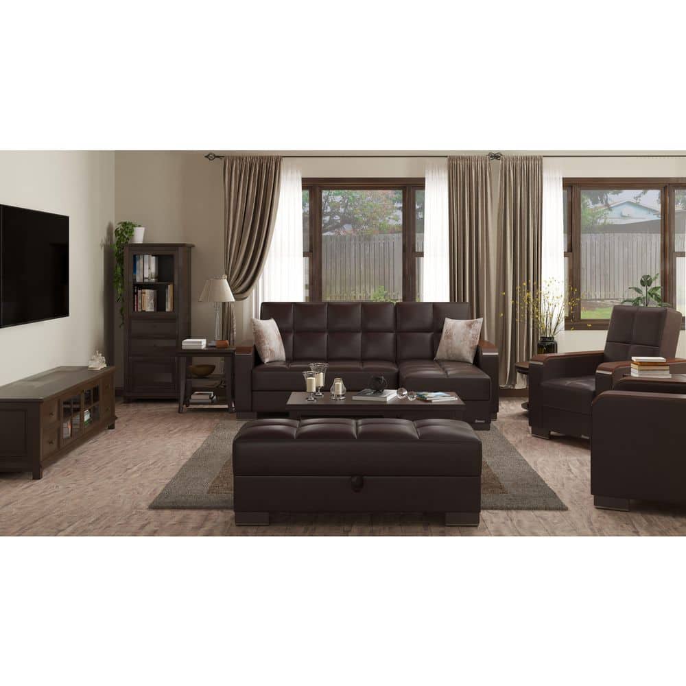 Elegant Brown Faux Leather Storage Ottoman with Metal Frame