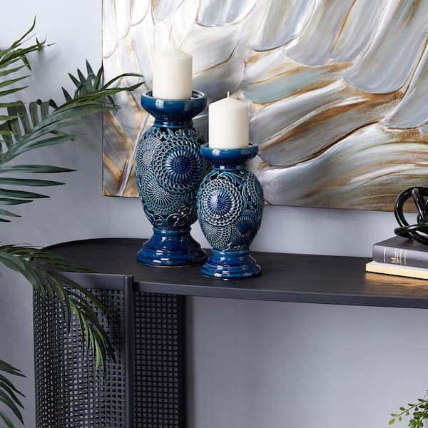 Litton Lane Blue Ceramic Pillar Candle Holder (Set of 2)