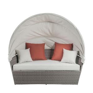 Salena Gray Wicker Outdoor Day Bed with Beige Cushions