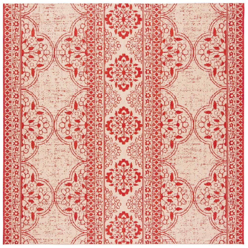 Area Rug Square Red/Natural 8 ft. x 8 ft. Floral Indoor Outdoor