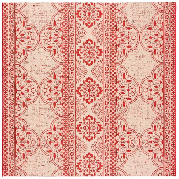 SAFAVIEH Beach House Red/Cream 8 ft. x 8 ft. Damask Floral Indoor/Outdoor Patio  Square Area Rug