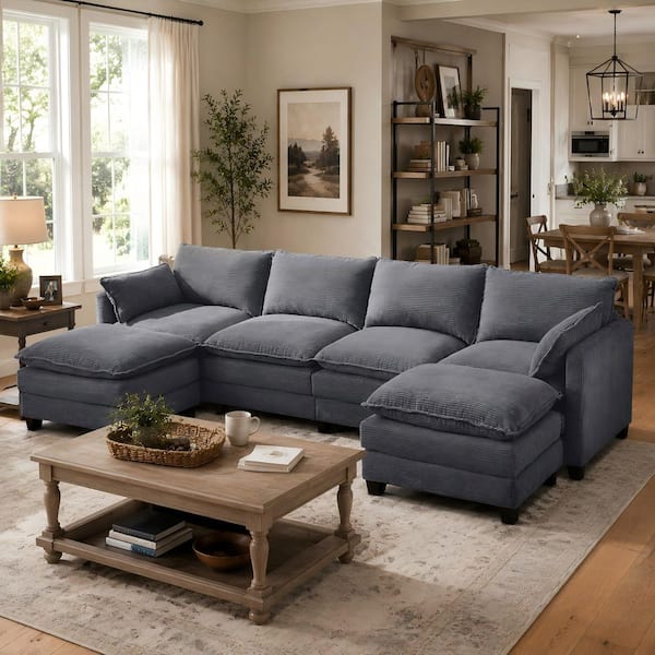 133 in. Square Arm 3-Piece Corduroy Modular Sofa with 2 Movable Ottomans Sectional Sofa in. Dark Gray