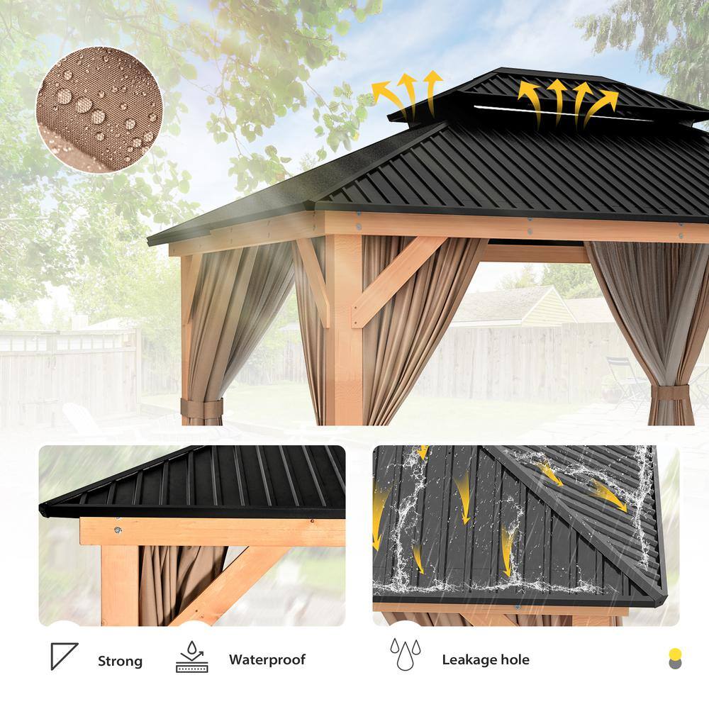 11' x 13' Black Metal Roof Wood Patio Gazebo