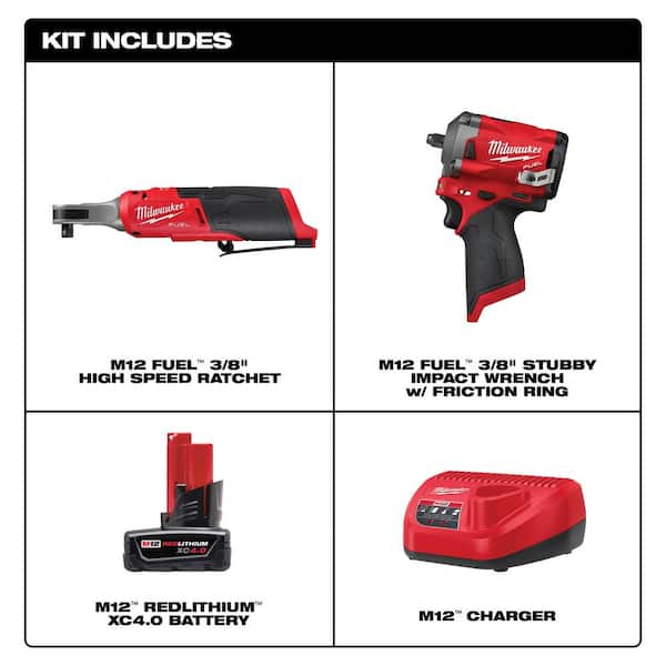 Milwaukee M12 FUEL 12-Volt Lithium-Ion Brushless Cordless High Speed 3/8  in. Ratchet  3/8 in. Impact Wrench w/Battery  Charger  48-59-2440-2567-20-2554-20 The Home Depot