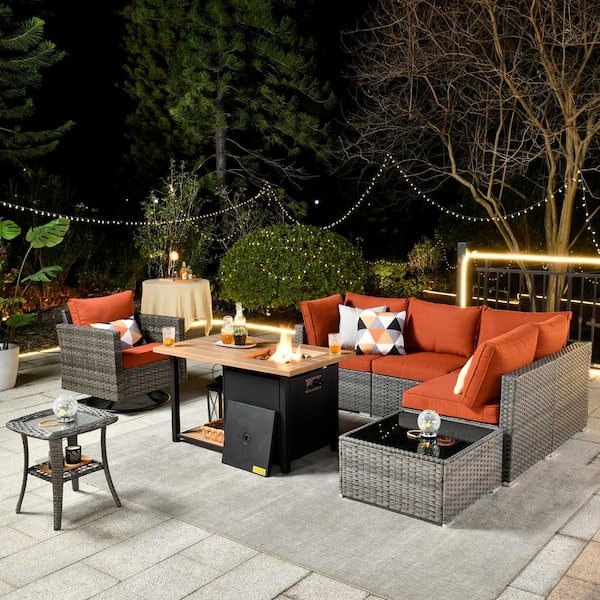 Toject Sanibel Gray 8-Piece Wicker Patio Conversation Sofa Set with a Swivel Chair, a Storage Fire Pit and Orange Red Cushions