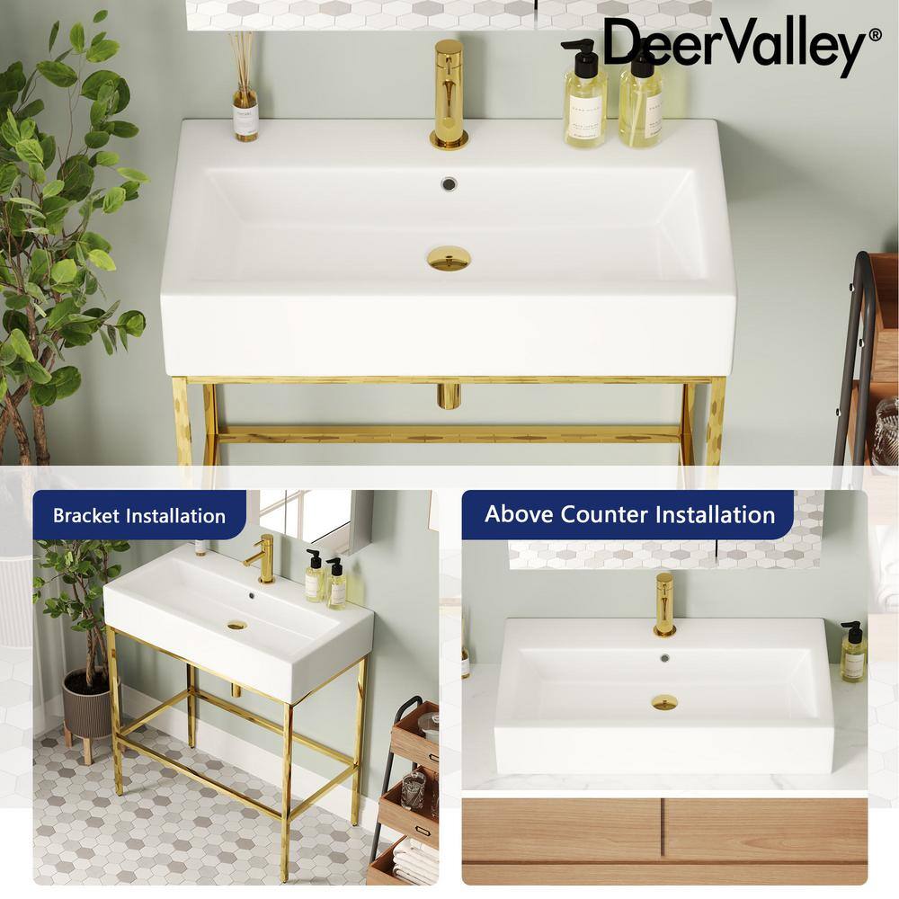 White Ceramic Console Sink with Gold Stainless Steel Frame