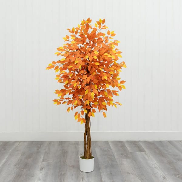 4.9 ft. Artificial Autumn Ficus Tree in White Pot