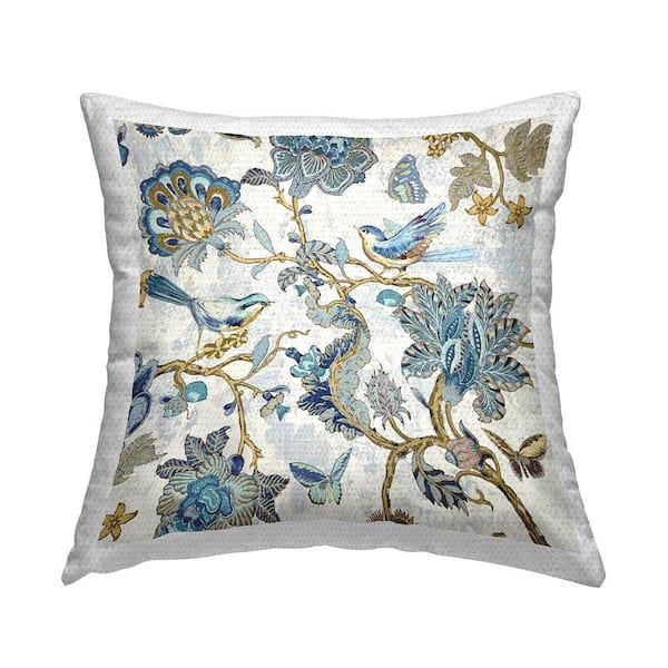 Detailed Blue Floral Birds Pattern Blue Square Outdoor Throw Pillow