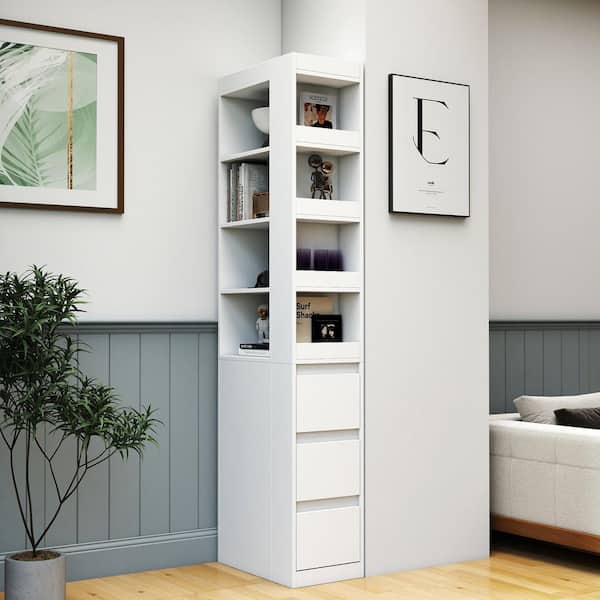 Polly White Wood 70.9 in. Display Storage Cabinet with 4-Tier Shelf, 3 Side Drawers and 3 Small Display Shelves