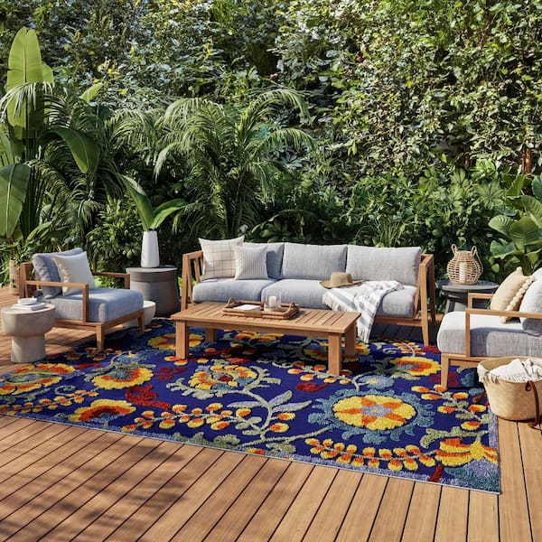 Aloha Navy Multicolor 9 ft. x 12 ft. Floral Contemporary Indoor/Outdoor Area Rug