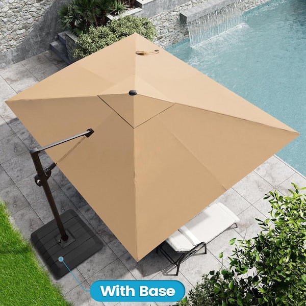 Crestlive Products 11 ft. x 9 ft. Rectangular Outdoor Cantilever Patio Umbrella in Tan with 4-Piece 220 lbs. HDPE Base