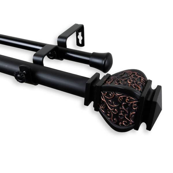 Rod Desyne 48 in. - 84 in. Telescoping 1 in. Double Curtain Rod Kit in Black with Margot Finial