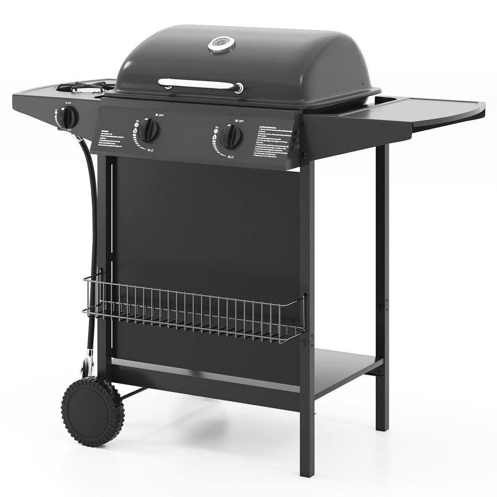 30,000 BTU Outdoor Propane Gas Grill on Wheels 2 Main + 1 Side Burner 290 sq. in. + 126 sq. in. Warming Rack