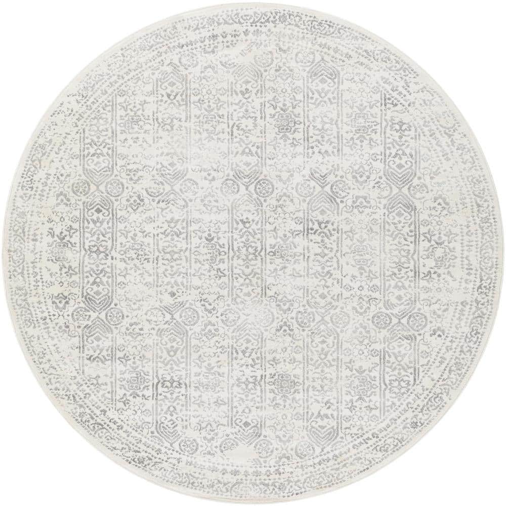 Livabliss Cream and Grey Round Oriental Synthetic Area Rug