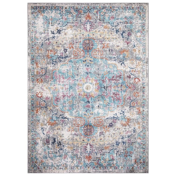 Concord Global Trading Vintage Collection Azure Gray 5 ft. x 7 ft. Medallion Area Rug