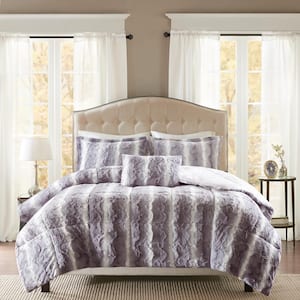 Marselle 4-Piece Grey Animal Print Faux Fur Polyester Full/Queen Comforter Set