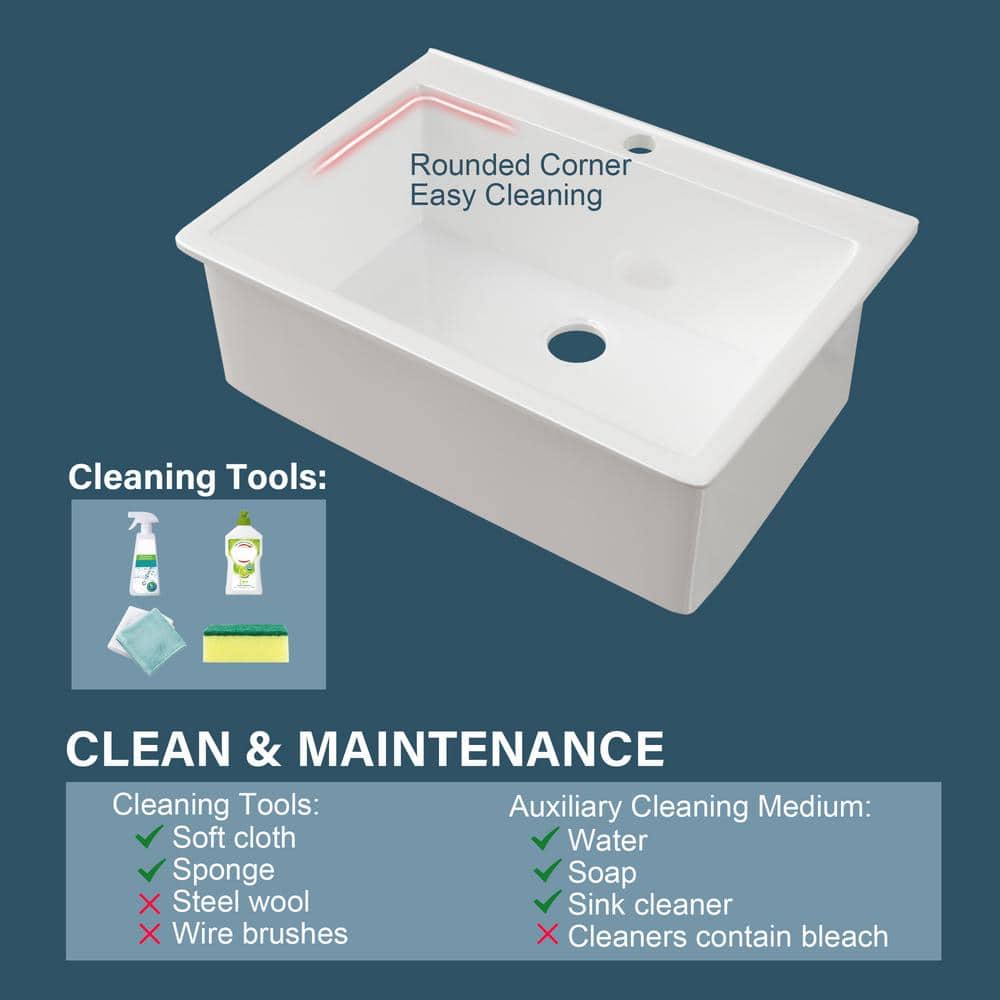 30'' Glossy White Fireclay Drop-In Single Bowl Kitchen Sink