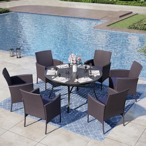 Black 7-Piece Metal Patio Outdoor Dining Sets with Stamped Round Table and Rattan Chairs with Blue Cushion