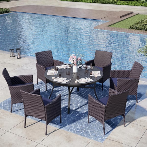 PHI VILLA Black 7-Piece Metal Patio Outdoor Dining Sets with Stamped Round Table and Rattan Chairs with Blue Cushion