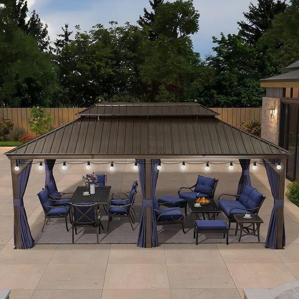 PURPLE LEAF 12 ft.x 20 ft.Bronze Patio Outdoor Gazebo for Backyard Hardtop Aluminum Frame with Hooks,Netting ,Blue Curtain,36-Lights