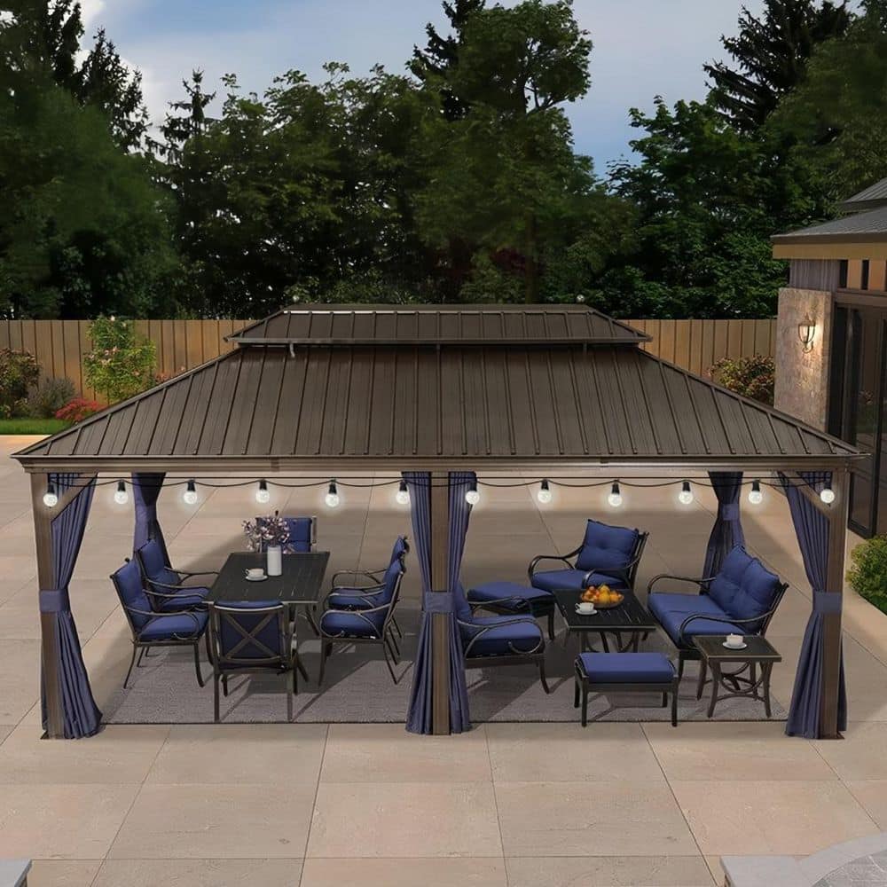 12 ft.x 20 ft.Bronze Patio Outdoor Gazebo for Backyard Hardtop Aluminum Frame with Hooks,Netting ,Blue Curtain,36-Lights price history on PriceWatchPro