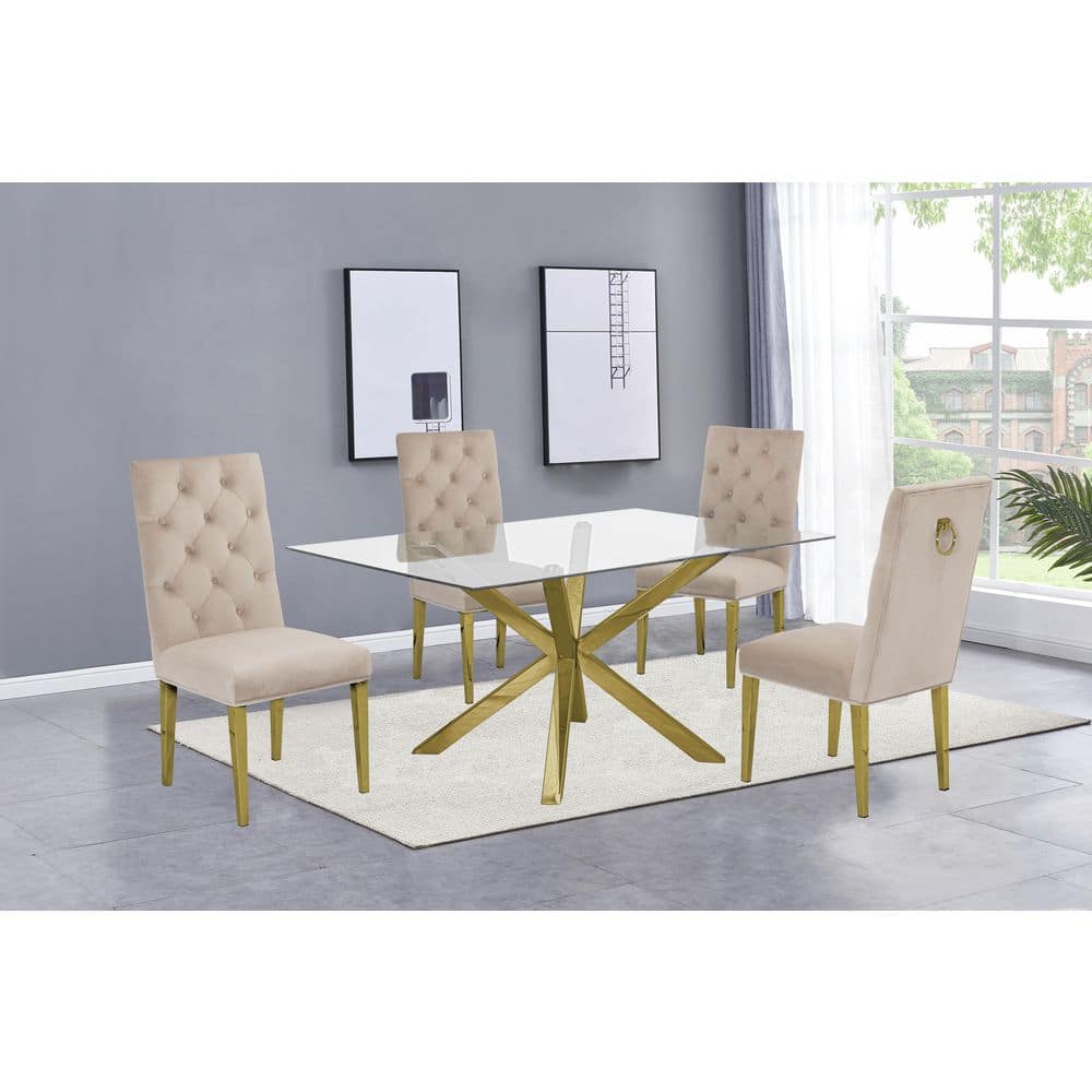 63" x 39" Clear Glass Dining Set with Gold Base and Beige Velvet Chairs
