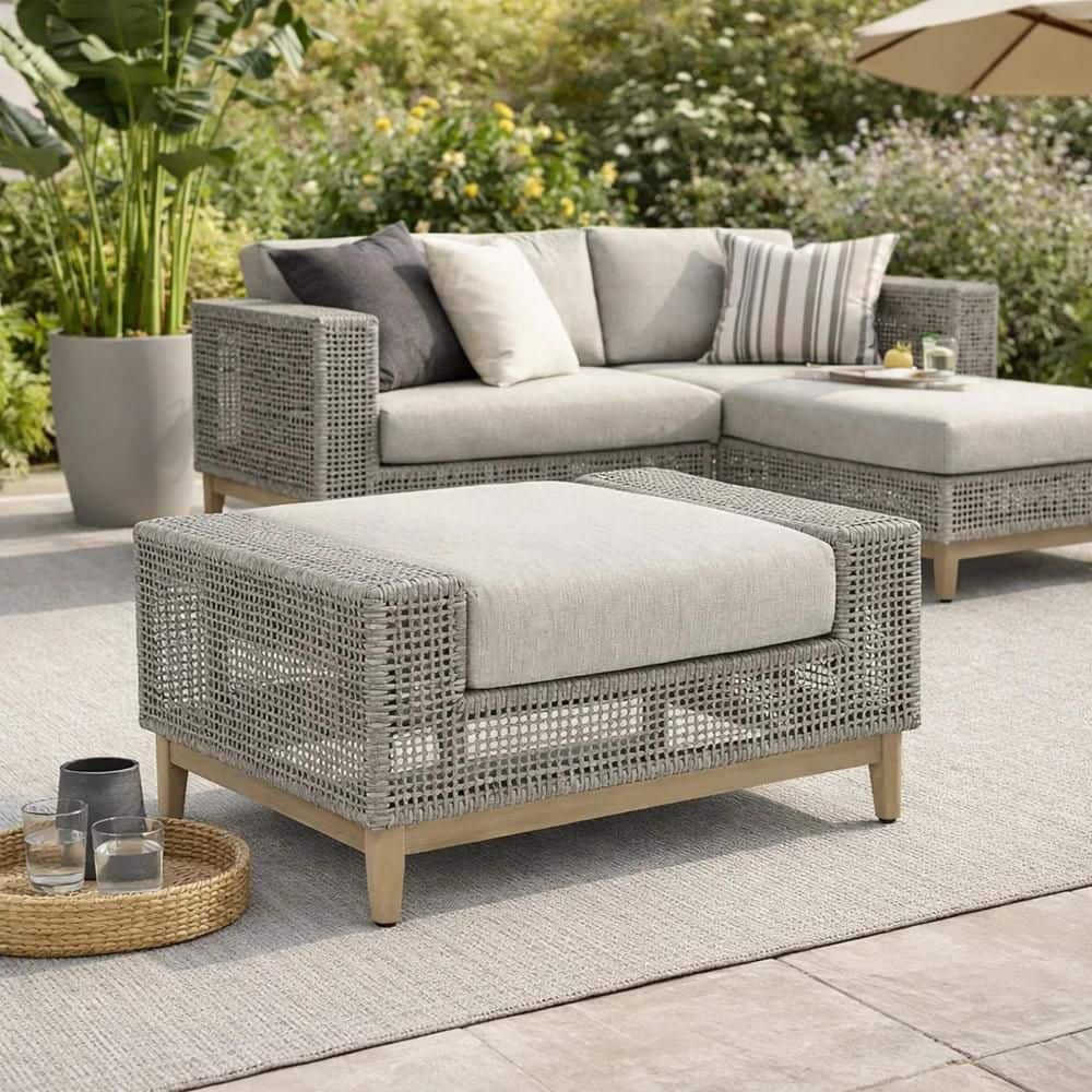 Benjara Yami Gray Woven Resin Wicker Outdoor Ottoman Foot Stool
