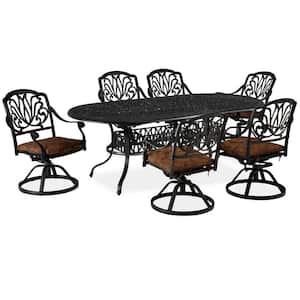 Capri Charcoal Gray 7-Piece Cast Aluminum Oval Outdoor Dining Set with Burnt Sierra Orange Cushions