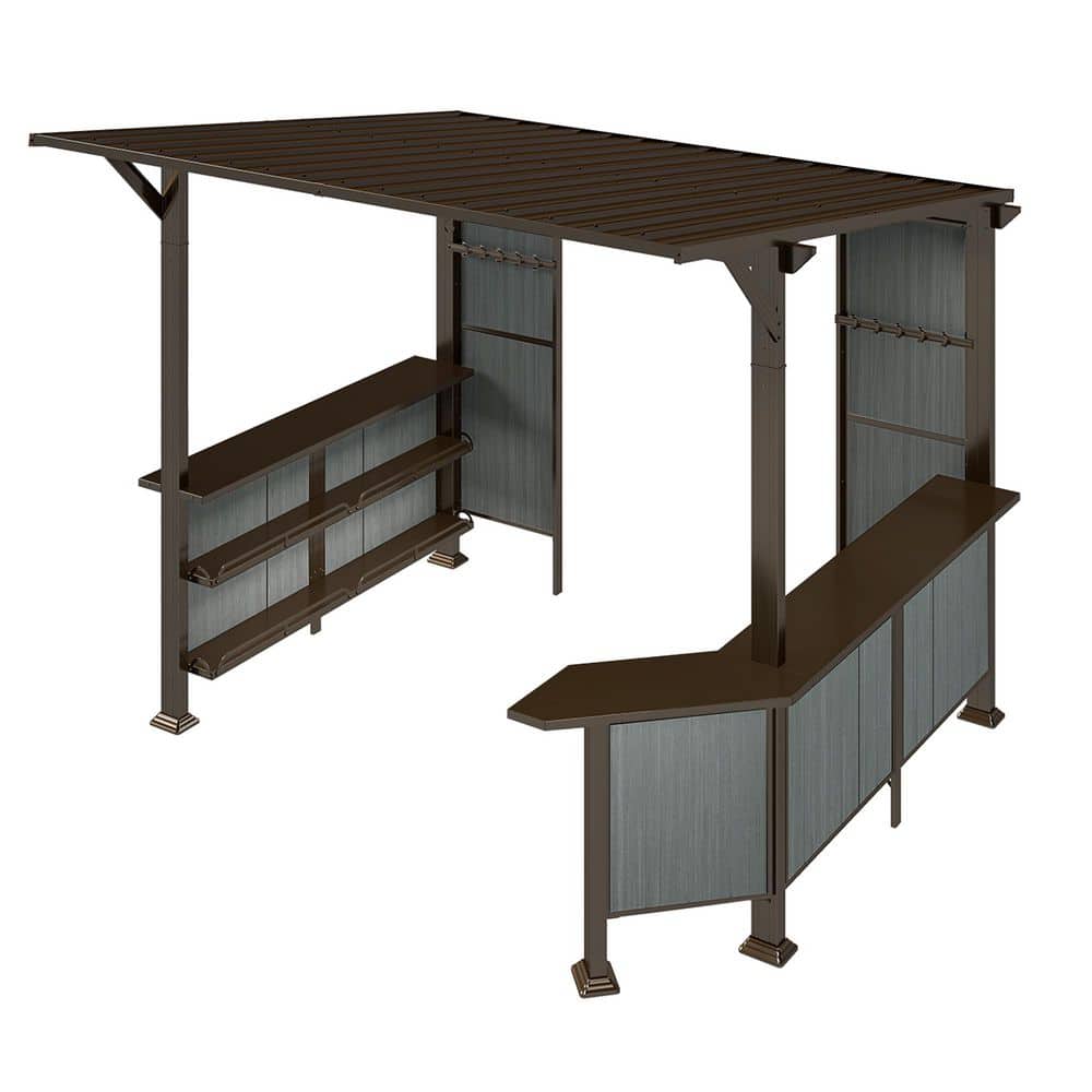 9 ft. x 10 ft. Brown Hardtop Grill Gazebo with Shelves&Expansion Platform, Lean-To Galvanized Steel BBQ Canopy for Patio price history on PriceWatchPro