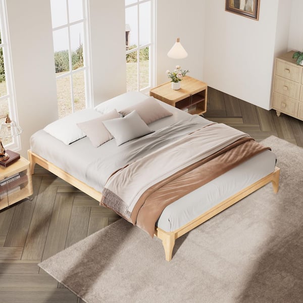 Natural(Brown) Solid Dry Bamboo Wood Frame King Size Platform Bed with Additional Center Support Slats and Legs