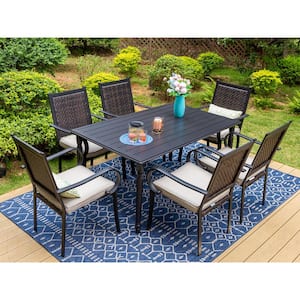 Black 7-Piece Metal Patio Outdoor Dining Set with Slat Table and Rattan Arm Chairs with Beige Cushion