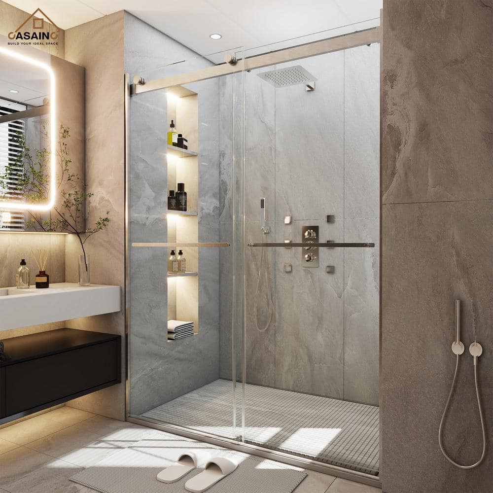 Nickel 48" W x 76" H Frameless Double Sliding Shower Door
