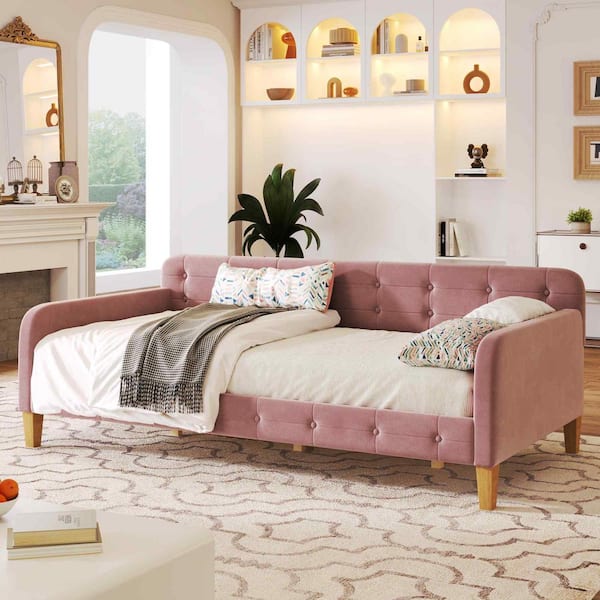 Pink Twin Size Upholstered Daybed with 4 Support Legs