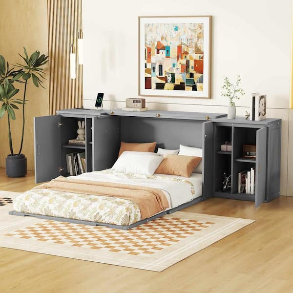 Gray Wood Frame Full Murphy Bed with Shelves, Cabinets and USB Ports