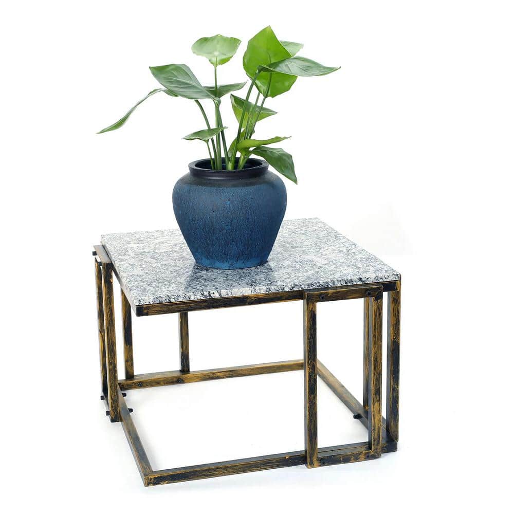 14.5" Granite Marble Black and Gold Metal Plant Stand